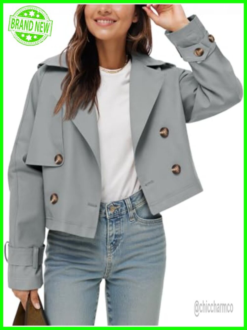 Womens Cropped Trench Coat Oversized Double Breasted Button Front Jacket